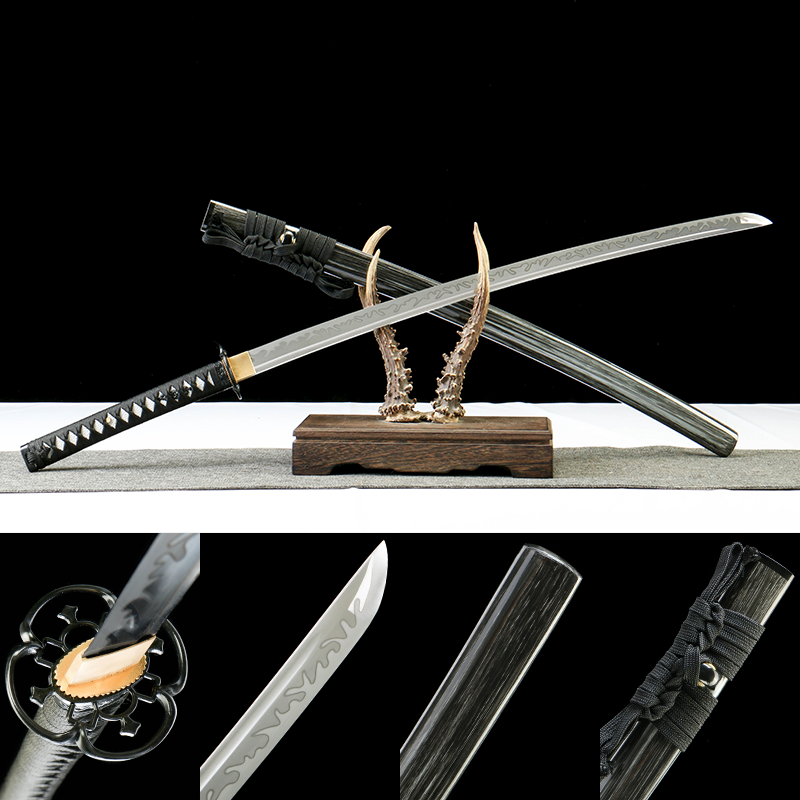 2024刀主图-恢复的-恢复的-恢复的 1065 steel - pure handmade Japanese katana - green leather sheath - zinc alloy fittings - special craftsmanship - textured black - ink style