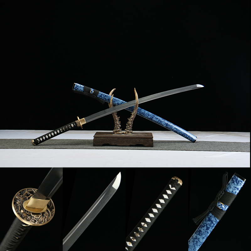 Patterned steel-handmade Japanese samurai sword-green leather sheath-copper equipment-Bingpo