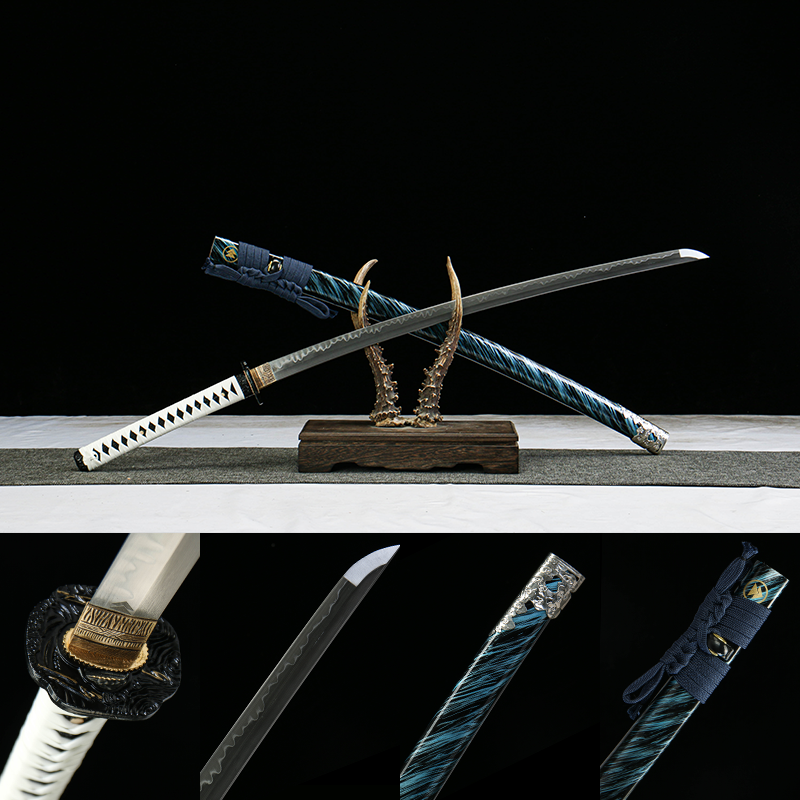 2024刀主图-恢复的-恢复的-恢复的 T10 Steel - Handmade Japanese Katana - Earth-covered Blade - Green Leather Scabbard - Zinc Alloy Hardware - Blue - Ghost of Tsushima