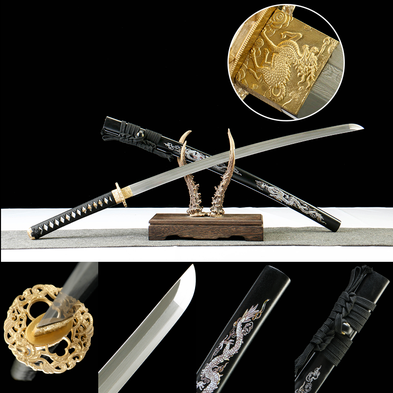 Patterned steel - pure hand-forged samurai sword - green leather sheath - copper fittings - three-color grinding - ink shadow flying dragon
