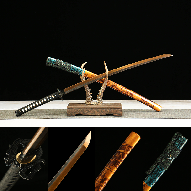 2024刀主图-恢复的-恢复的-恢复的 T10 Steel - Handmade Japanese Katana - Green Leather Scabbard - Baked Gold - Alloy Fittings - Black Gold Glory