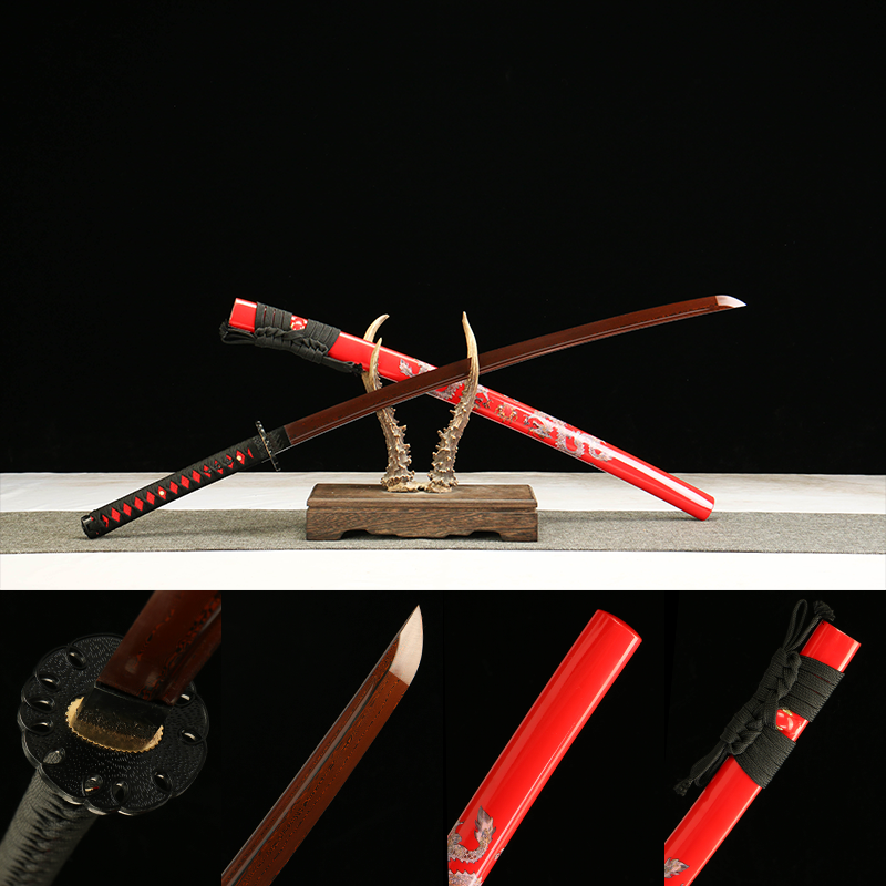 Patterned Steel - Pure Hand-Forged Katana - Green Leather Scabbard - Alloy Equipment - Flame Dragon