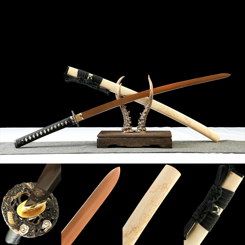 1065 steel - pure hand-forged samurai sword - green leather sheath - copper-plated gilded silver - baked gold - wooden heart ancient soul