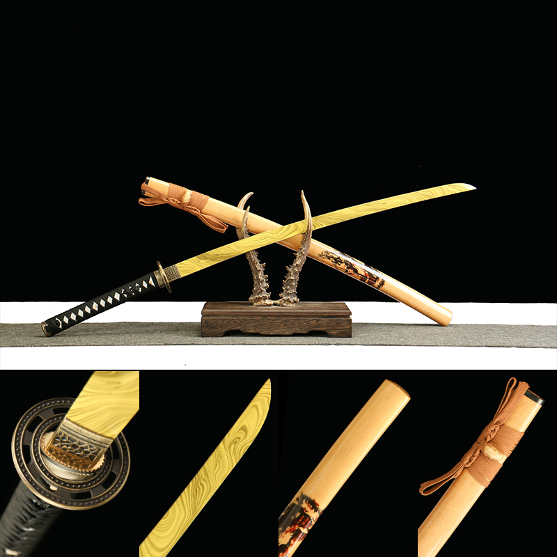 1045 steel - pure hand-forged samurai sword - green leather sheath - zinc alloy harness - black wolf gold pattern
