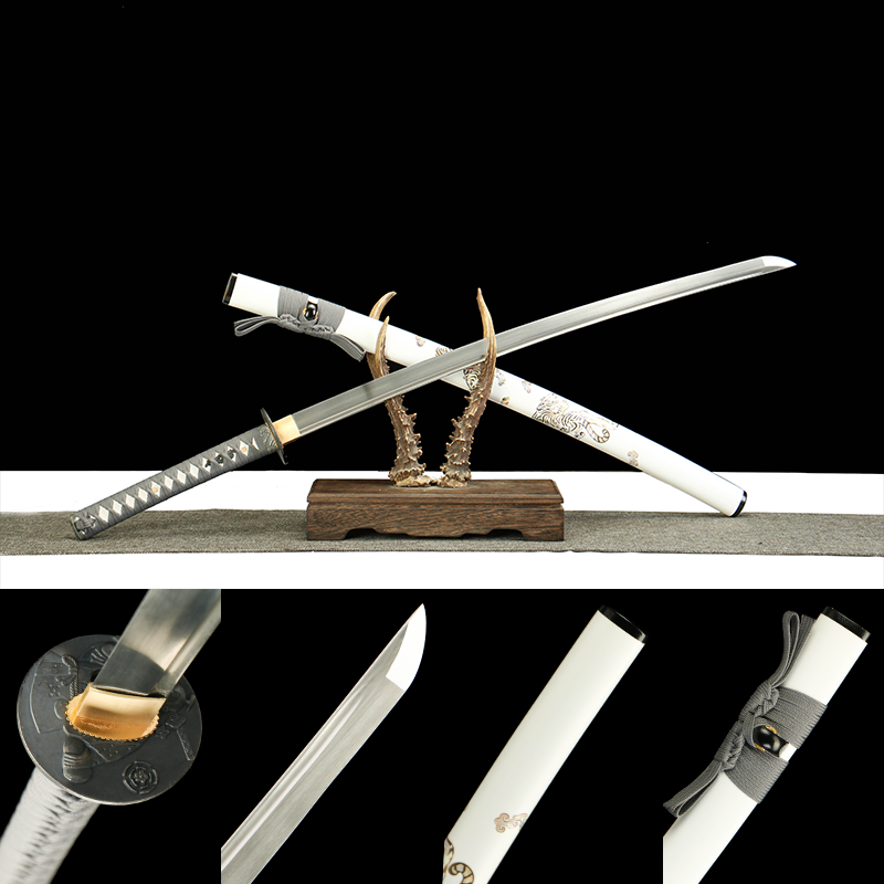 2024刀主图-恢复的-恢复的-恢复的 1065 steel - pure handmade Japanese katana - green leather sheath - zinc alloy fittings - White Tiger Roar