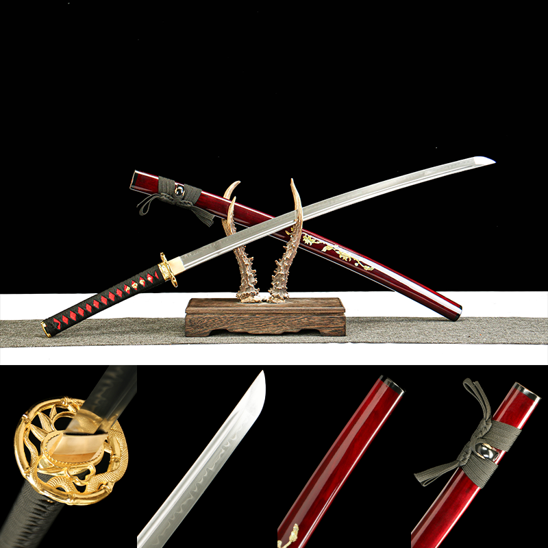 2024刀主图-恢复的-恢复的-恢复的 T10 steel - pure hand-forged samurai sword - earth-covered and burnt blade - green leather sheath - zinc alloy fittings - rose flame