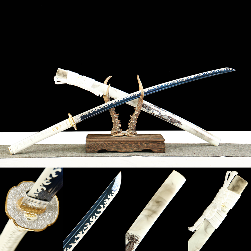 1060 steel - pure handmade Japanese katana - green leather sheath - zinc alloy fittings - blued - cold front white