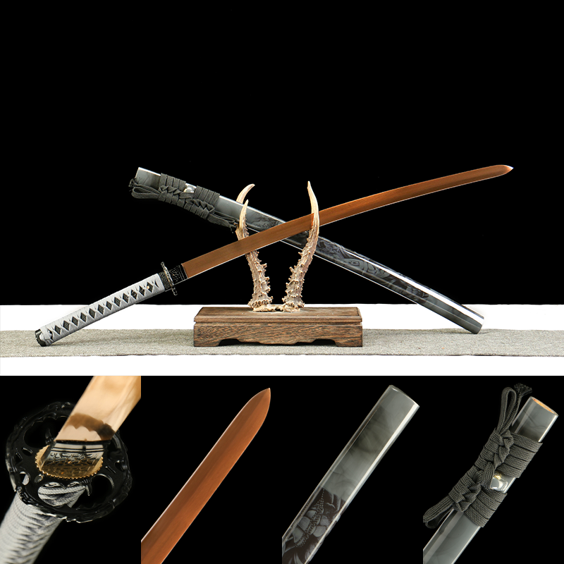 2024刀主图-恢复的-恢复的-恢复的 1065 steel - pure handmade Japanese katana - green leather sheath - zinc alloy fittings - roasted red - burnt gold