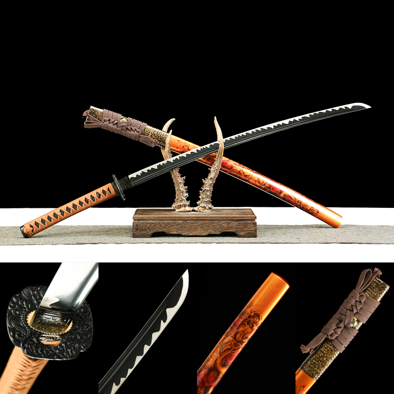 2024刀主图-恢复的-恢复的-恢复的 1065 steel - pure hand-forged samurai sword - green leather sheath - zinc alloy fittings - roasted black - hunting sand