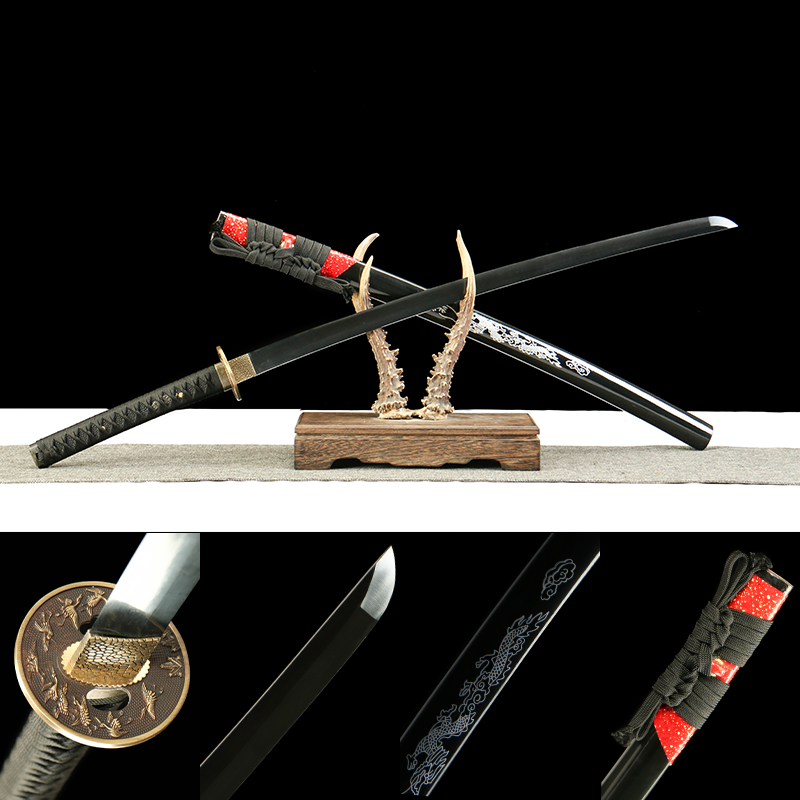 2024刀主图-恢复的-恢复的-恢复的 1065 steel - pure hand-forged samurai sword - green leather sheath - zinc alloy fittings - roasted black - red flame