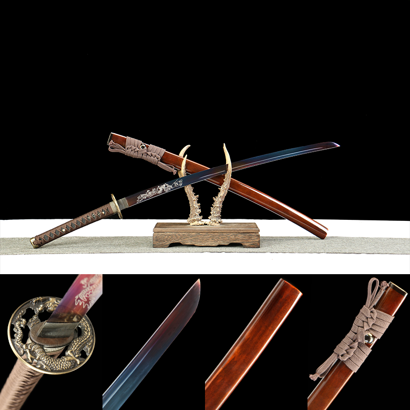 2024刀主图-恢复的-恢复的-恢复的 1065 steel - pure hand-forged samurai sword - green leather sheath - zinc alloy fittings - blued - red flame