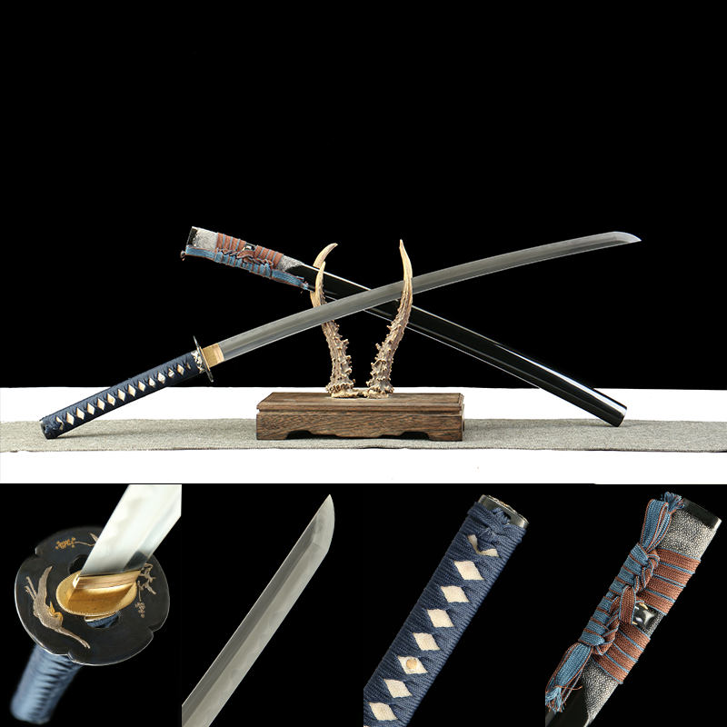 1060 steel - pure handmade Japanese samurai sword - half covered fish skin sheath - copper gilded silver - crane shadow