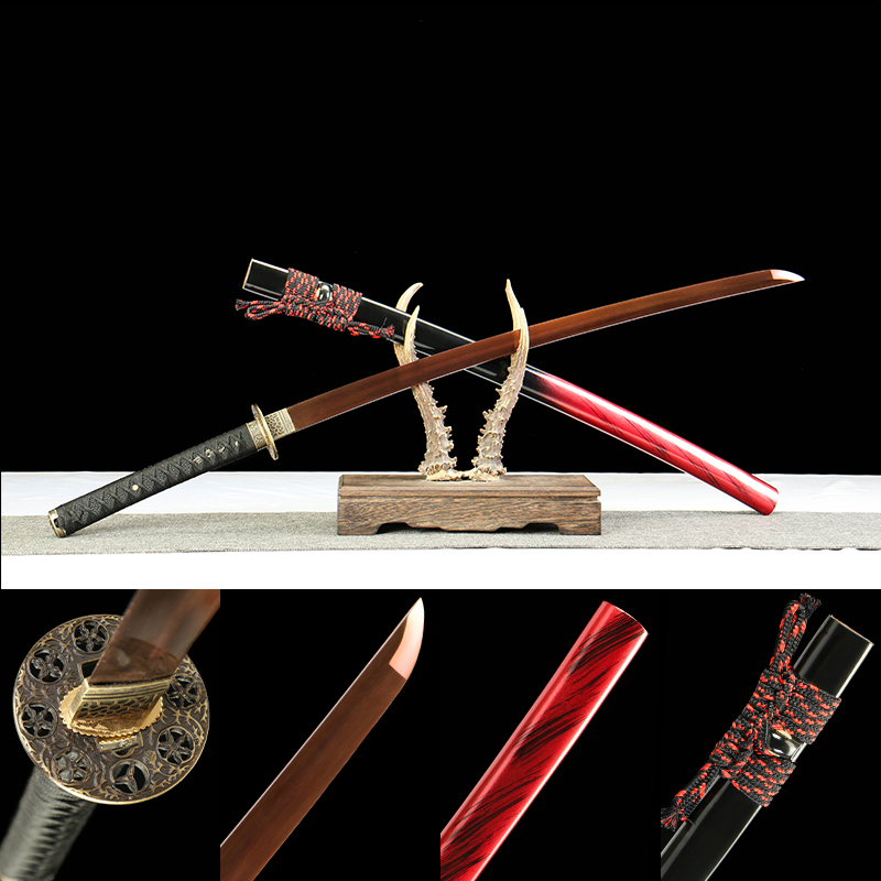 2024刀主图-恢复的-恢复的-恢复的 1065 steel - pure hand-forged samurai sword - green leather sheath - zinc alloy fittings - baked red - cracked