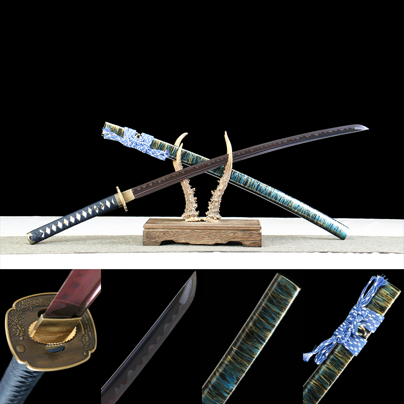 1060 steel - pure handmade Japanese katana - green leather sheath - zinc alloy fittings - colored research blue - streamer