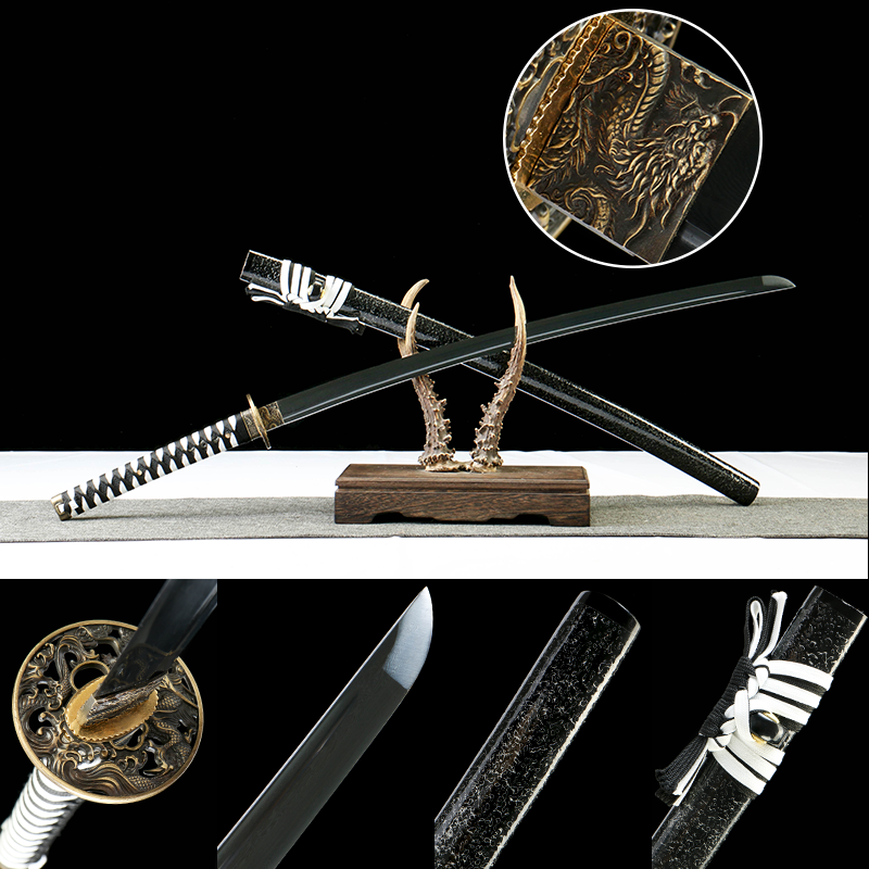 Patterned Steel - Purely Hand-Forged Katana - Green Leather Scabbard - Copper Hardware - Roasted Black - Shadow Hua