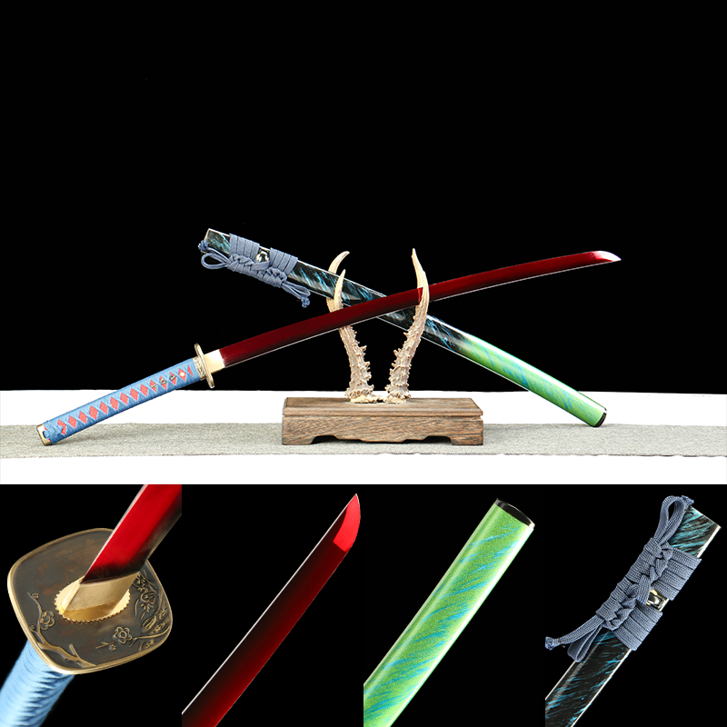2024刀主图-恢复的-恢复的-恢复的 1065 steel - pure handmade Japanese katana - green leather sheath - zinc alloy fittings - roasted black red - blood cherry