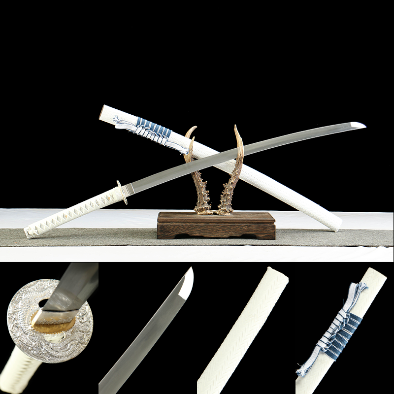 2024刀主图-恢复的-恢复的-恢复的 1065 steel - pure handmade Japanese katana - green leather sheath - zinc alloy fittings - silver frost blade