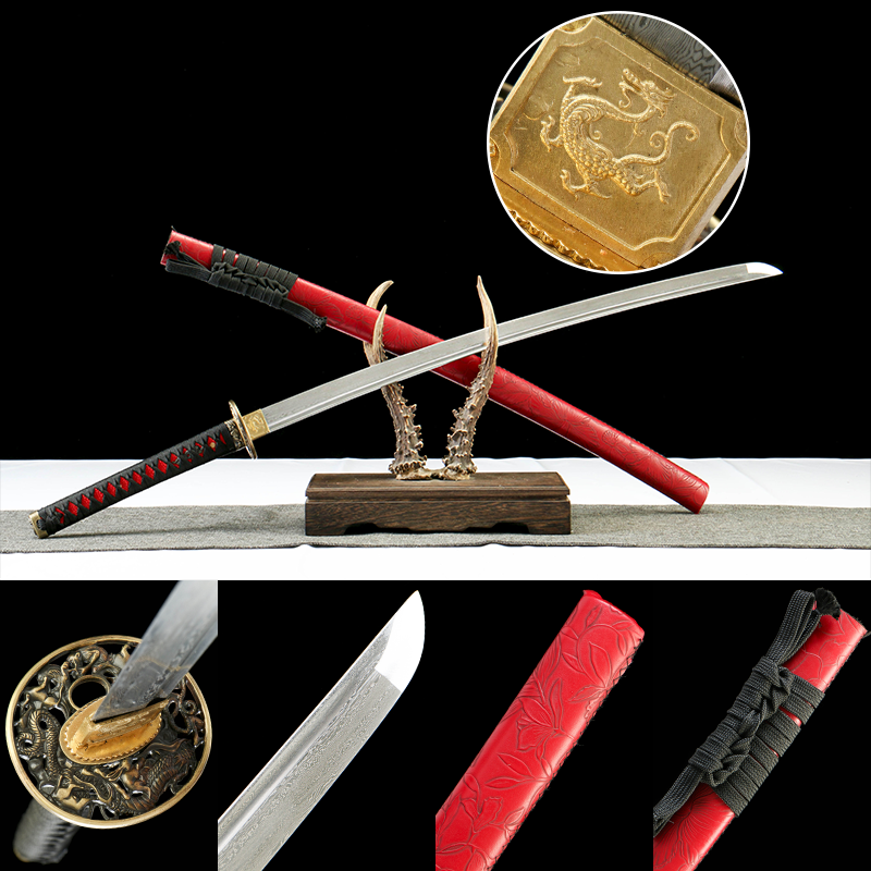 Patterned Steel - Handmade Japanese Katana - Green Leather Scabbard - Copper Hardware - Red - Imperial Flame