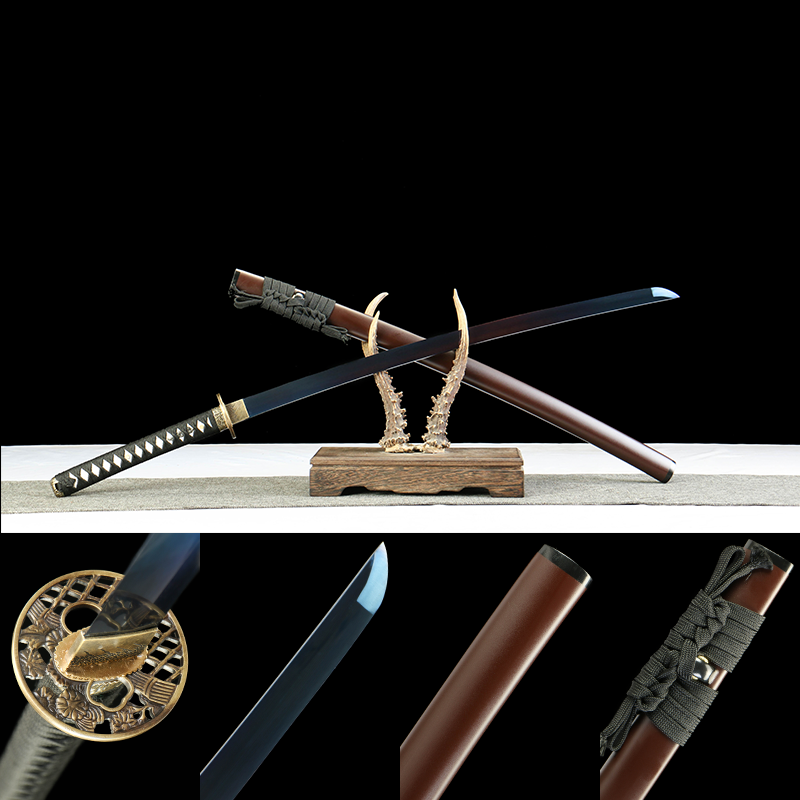 2024刀主图-恢复的-恢复的-恢复的 1065 steel - pure hand-forged samurai sword - green leather sheath - zinc alloy fittings - blued - night