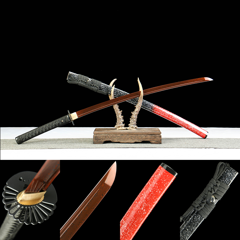 Patterned steel - pure hand-forged samurai sword - green leather sheath - iron fittings - baked red - moon reading