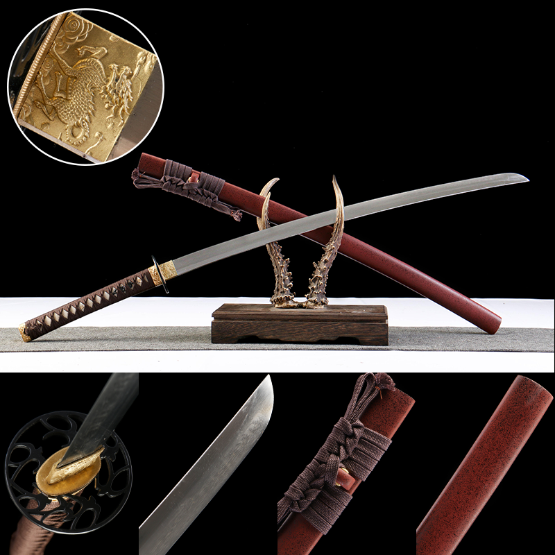 1060 steel - pure hand-forged samurai sword - green leather sheath - iron fittings - wine red matte samurai sword - red gold scarlet blade