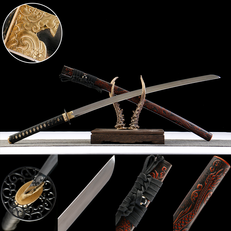 2024刀主图-恢复的-恢复的-恢复的 1065 steel - pure hand-forged samurai sword - green leather sheath - iron equipment - dragon sheath mirror samurai sword - red sky dragon cry