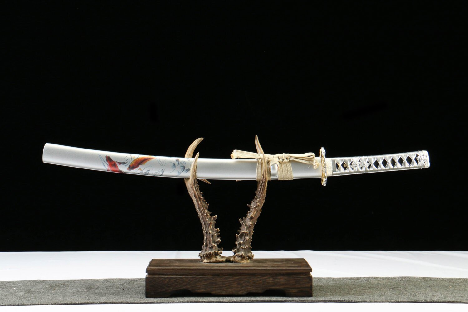 IMG_0518 1065 steel - pure handmade Japanese katana - alloy fittings - green leather sheath - koi wakizashi