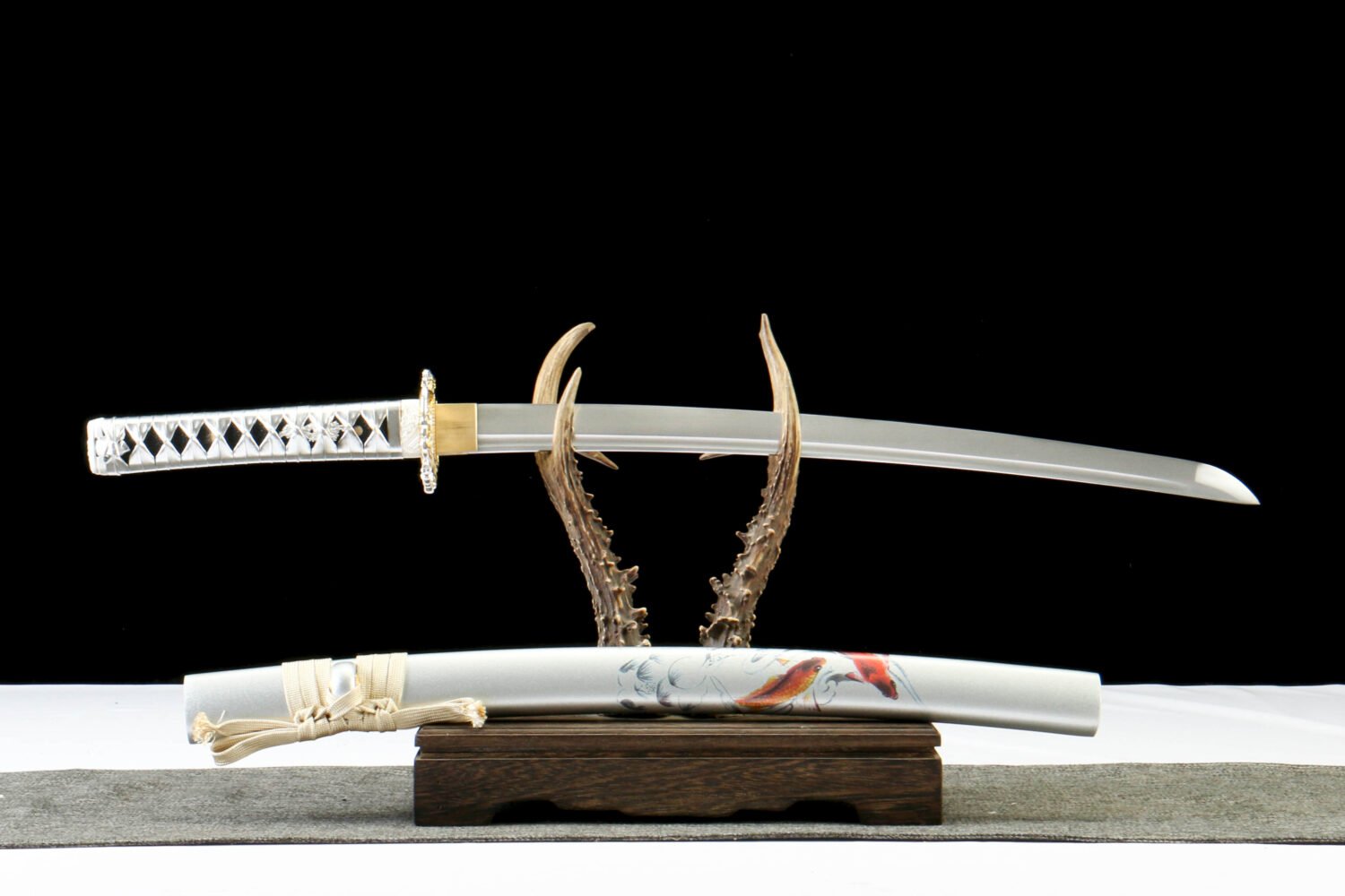 IMG_0527 1065 steel - pure handmade Japanese katana - alloy fittings - green leather sheath - koi wakizashi