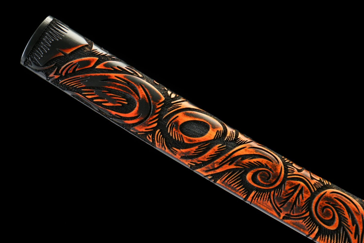 IMG_0586 T10 steel - pure handmade Japanese katana - earth-covered and burnt blade - green leather sheath - iron fittings - shadow carving