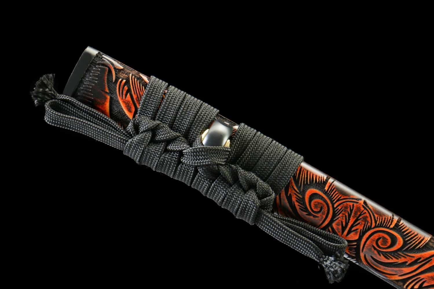 IMG_0591 T10 steel - pure handmade Japanese katana - earth-covered and burnt blade - green leather sheath - iron fittings - shadow carving