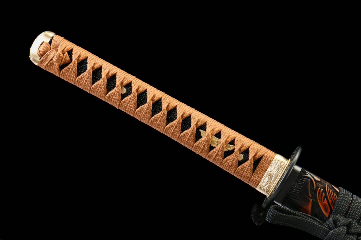 IMG_0601 T10 steel - pure handmade Japanese katana - earth-covered and burnt blade - green leather sheath - iron fittings - shadow carving