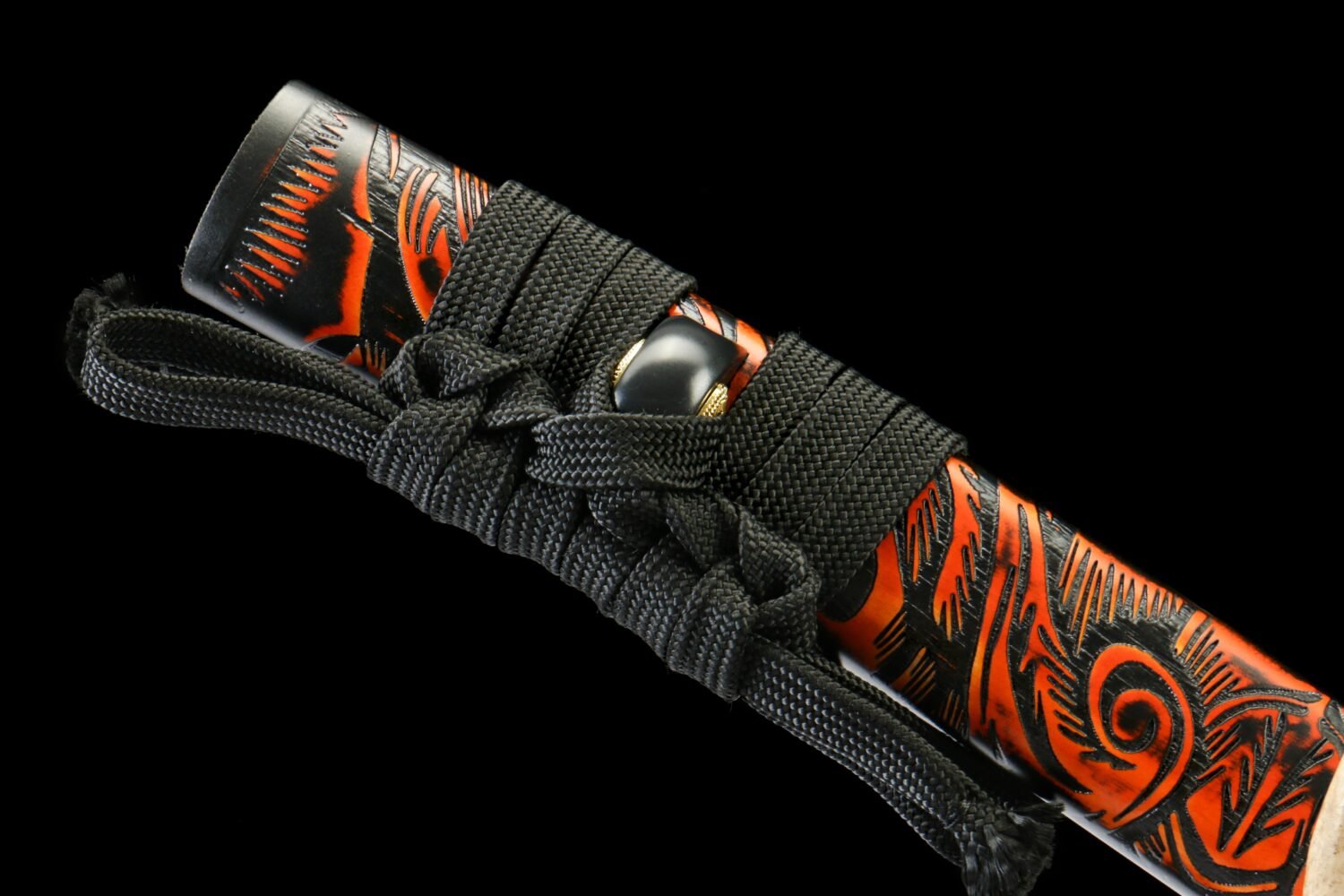 IMG_0610 T10 steel - pure handmade Japanese katana - earth-covered burnt blade - green leather sheath - iron fittings - shadow-carved short knife