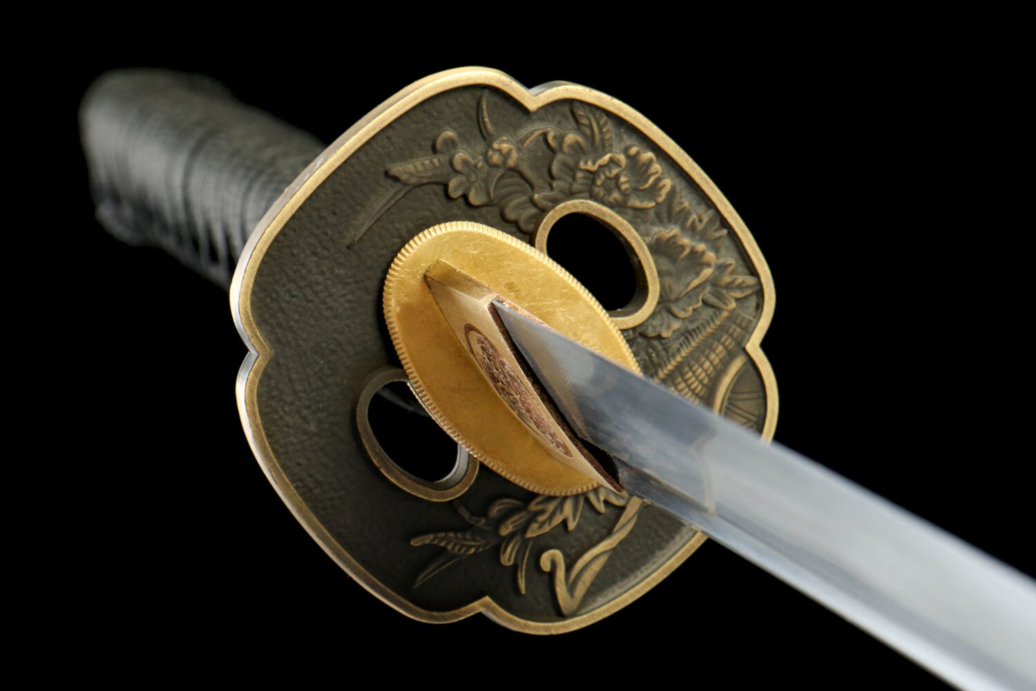 1065 steel - pure handmade Japanese katana - zinc alloy fittings - green leather sheath - flame dyed