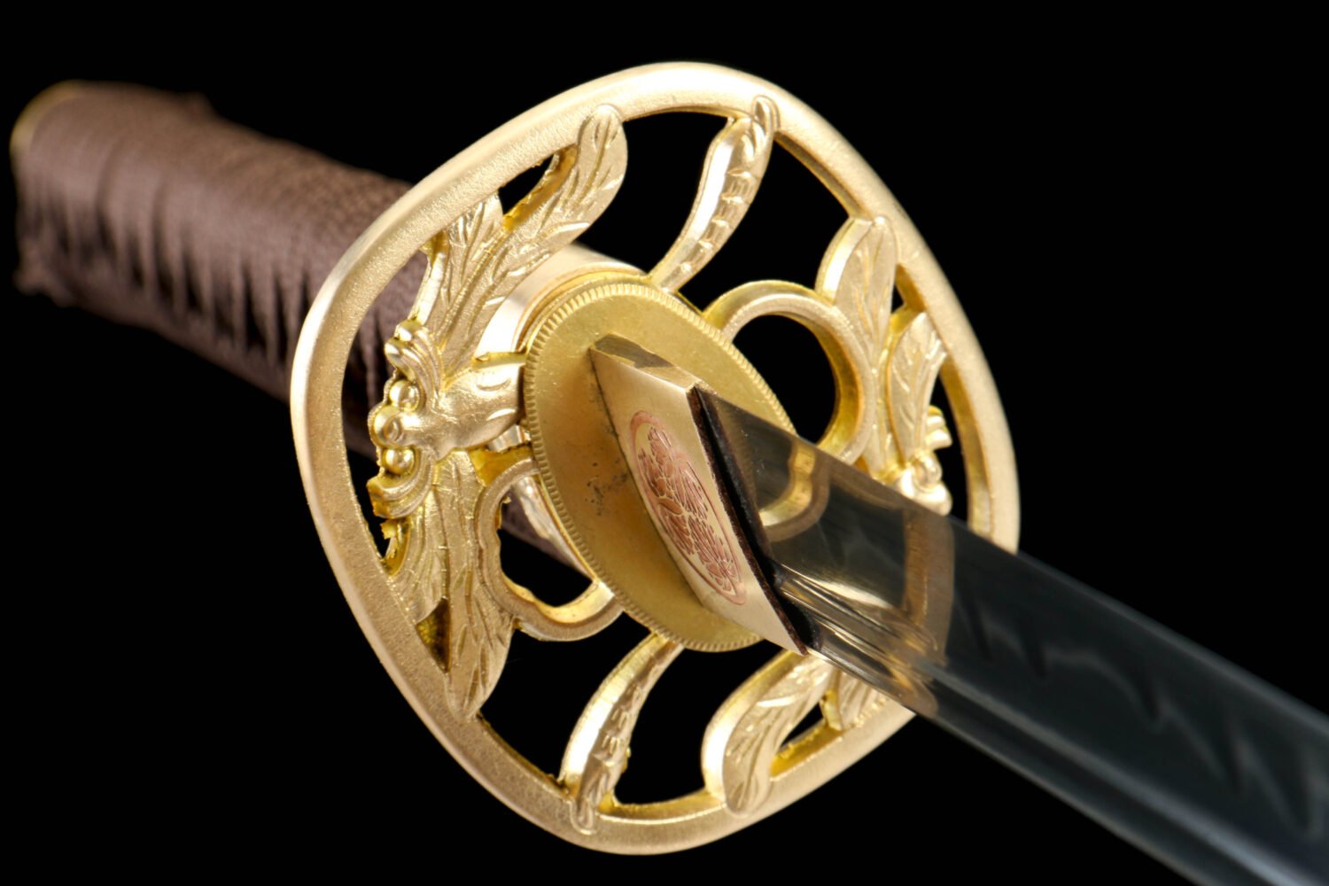 T10 steel - pure handmade Japanese katana - earth-covered burnt blade - copper fittings - katana made of katana with burnt blade - gold feather knife