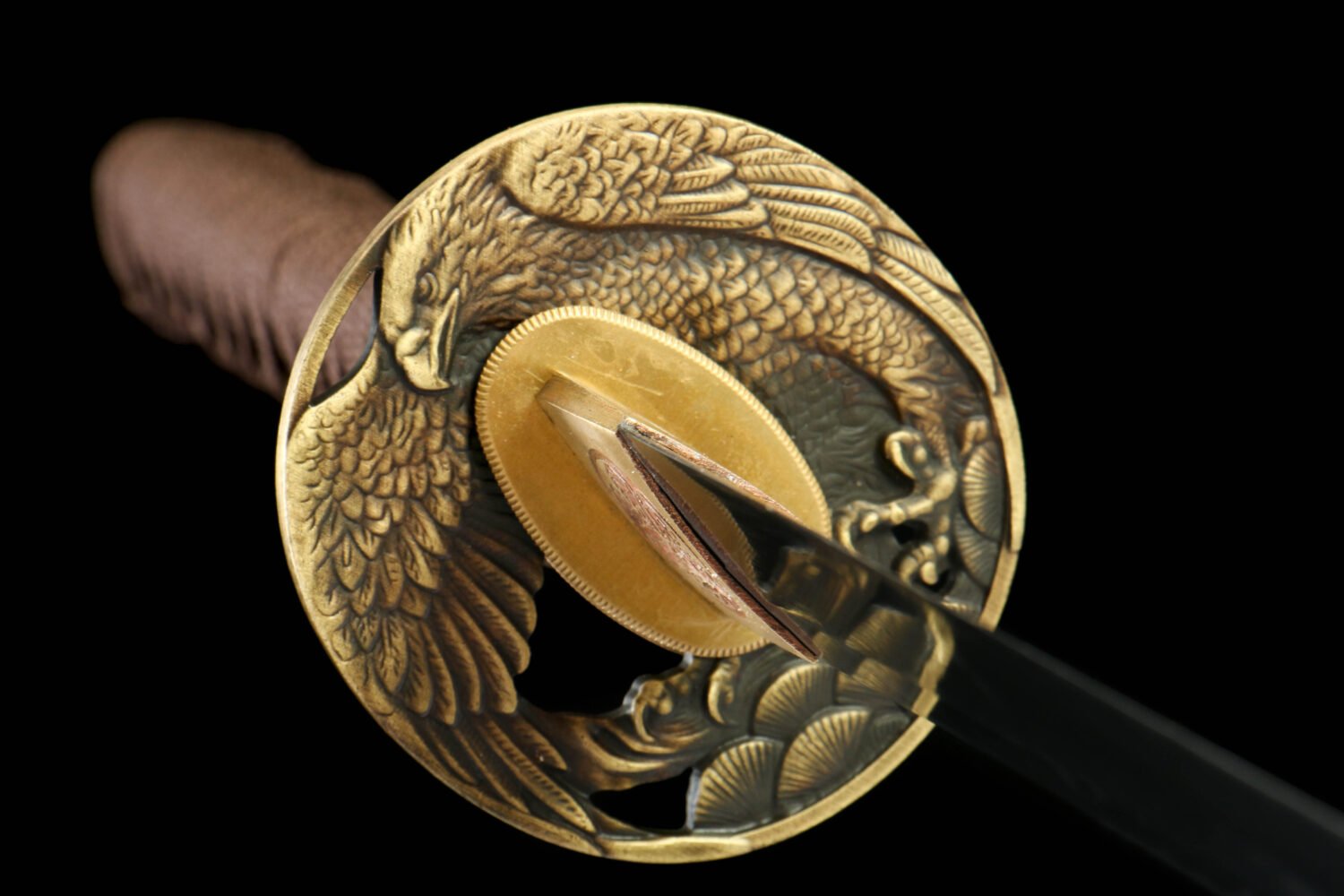 IMG_2071 1065 steel - pure handmade Japanese katana - green leather sheath - zinc alloy fittings - wine red high manganese steel katana - dark edges