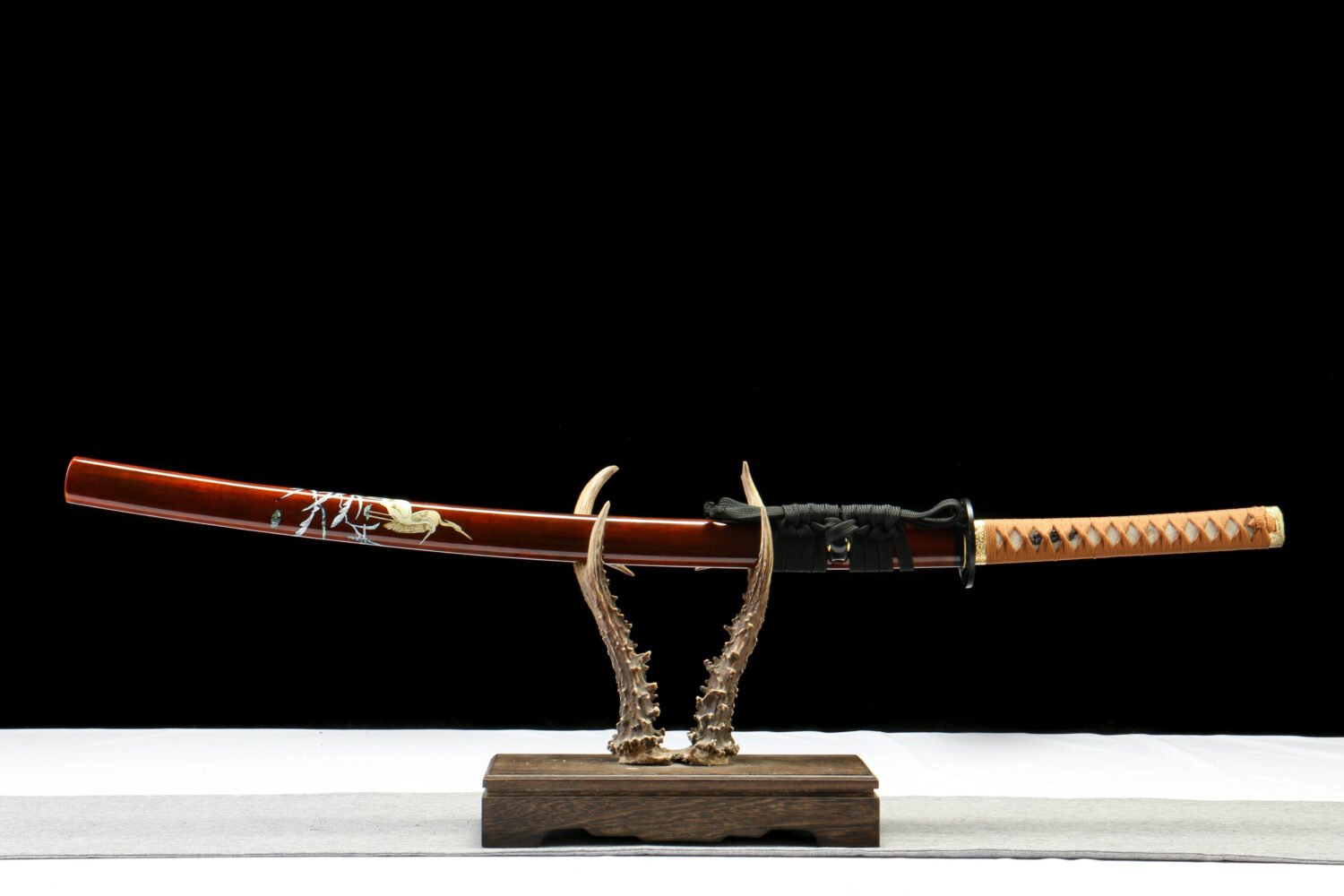 IMG_2563 1065 steel - pure handmade Japanese katana - green leather sheath - iron fittings - crane high carbon steel blackened katana - brown blade