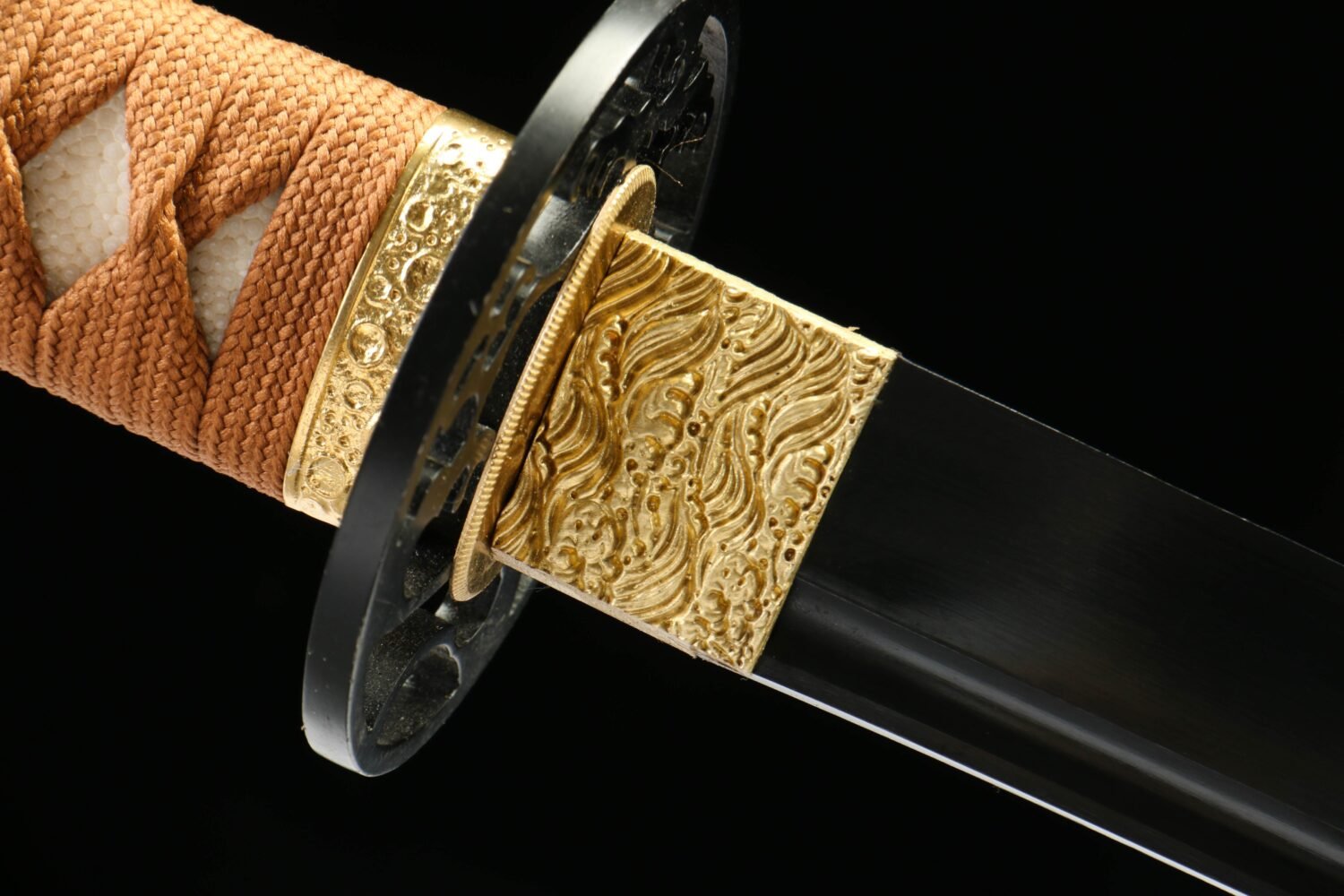 IMG_2632 1065 steel - pure handmade Japanese katana - green leather sheath - iron fittings - crane high carbon steel blackened katana - brown blade