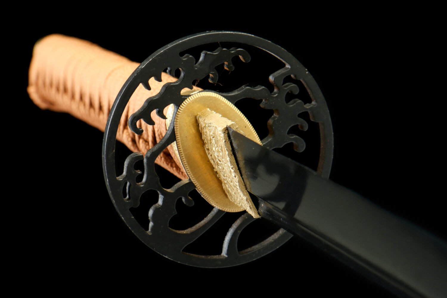 IMG_2636 1065 steel - pure handmade Japanese katana - green leather sheath - iron fittings - crane high carbon steel blackened katana - brown blade