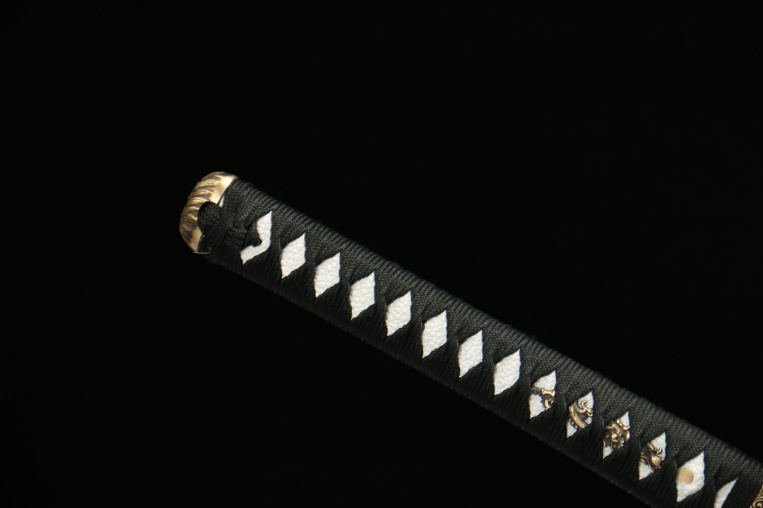 IMG_4216 Patterned steel-handmade Japanese samurai sword-green leather sheath-copper equipment-Bingpo