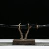 1060 steel - pure hand-forged samurai sword - earth-covered and burned blade - green leather sheath - copper-plated gilded silver - orchid