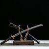 1060 steel - pure hand-forged samurai sword - earth-covered and burned blade - green leather sheath - copper-plated gilded silver - orchid