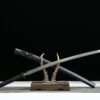 Patterned Steel - Handmade Japanese Katana - Green Leather Scabbard - Iron Harness - Black Sky