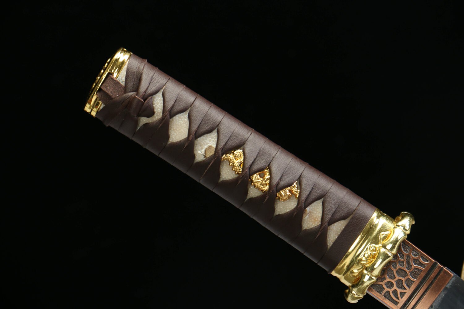 IMG_4986 1065 steel - pure handmade Japanese katana - green leather sheath - zinc alloy fittings - reddish brown - skyfire