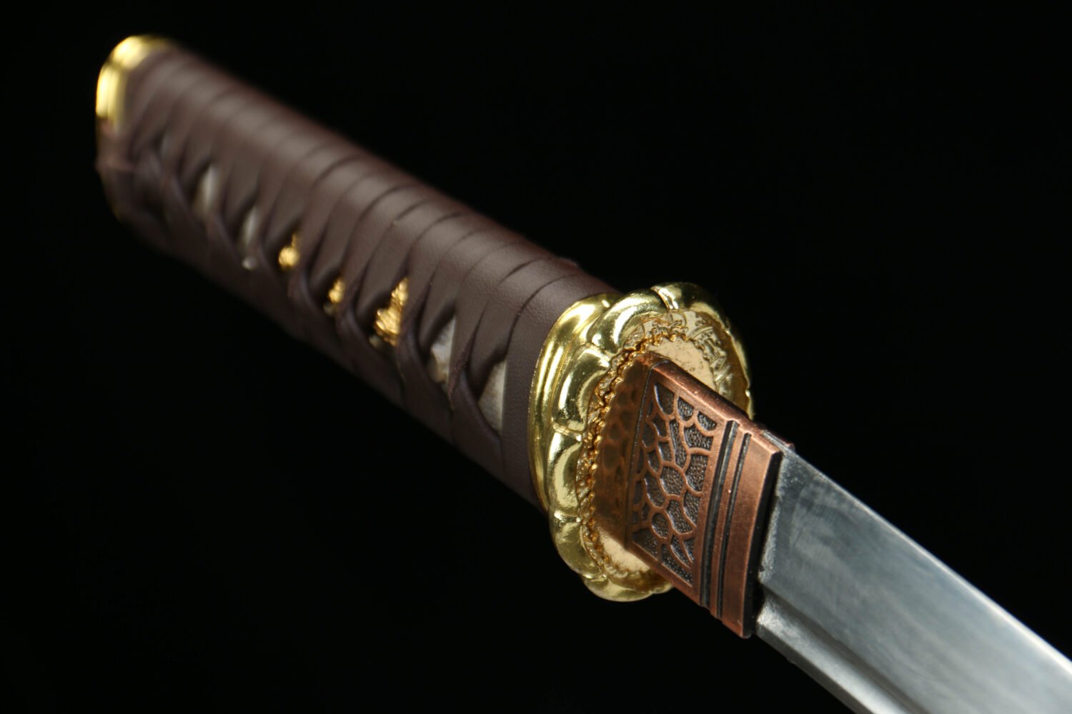 IMG_5021 1065 steel - pure handmade Japanese katana - green leather sheath - zinc alloy fittings - reddish brown - skyfire