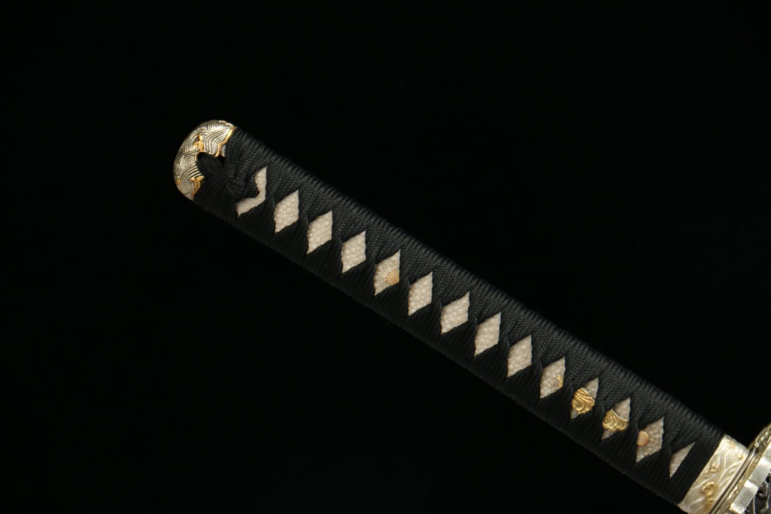 T10 steel - pure handmade Japanese katana - earth-covered burnished blade - T-shaped burnishing + 1-level grinding - green leather sheath - copper-plated gilded silver - starlight