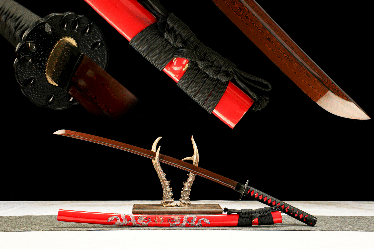 Patterned Steel - Pure Hand-Forged Katana - Green Leather Scabbard - Alloy Equipment - Flame Dragon