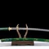 IMG_5699 1065 steel - pure hand-forged samurai sword - iron fittings - green leather sheath - green - emerald gold blade
