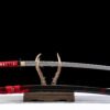 1065 steel - pure handmade Japanese katana - iron fittings - green leather sheath - black and red - red shadow