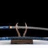 IMG_5705 1065 steel - pure handmade Japanese katana - iron fittings - green leather sheath - blue - pale bone