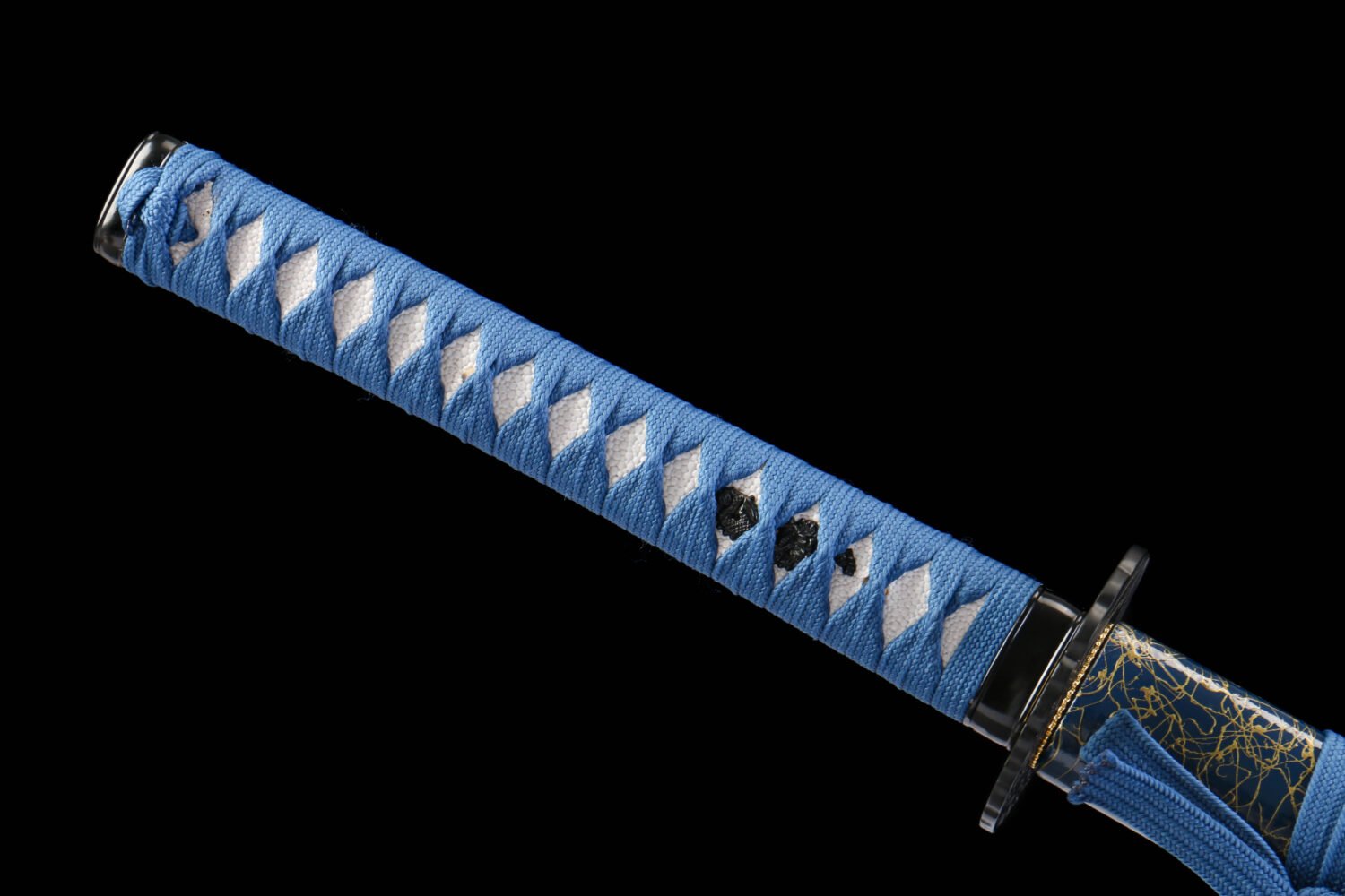 IMG_5753 1065 steel - pure handmade Japanese katana - iron fittings - green leather sheath - blue - pale bone